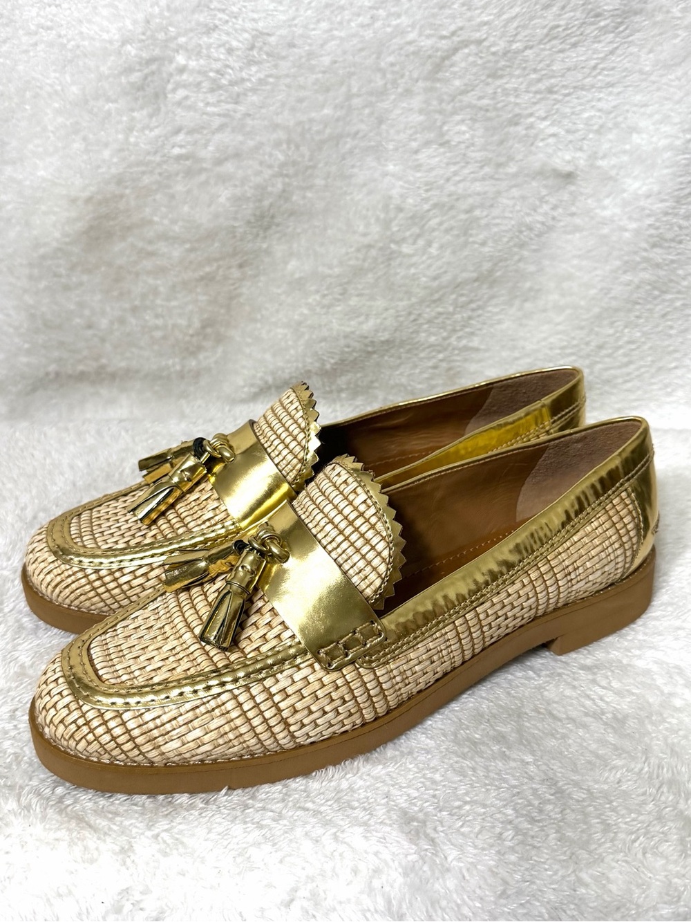 Tory Burch Careen loafers woven straw gold metallic leather size 10 New
